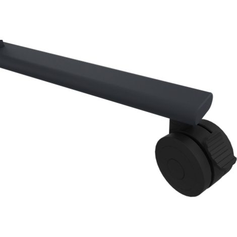 Pied de meuble gris foncé avec roue noire. L'angle est légèrement vu d'en bas.